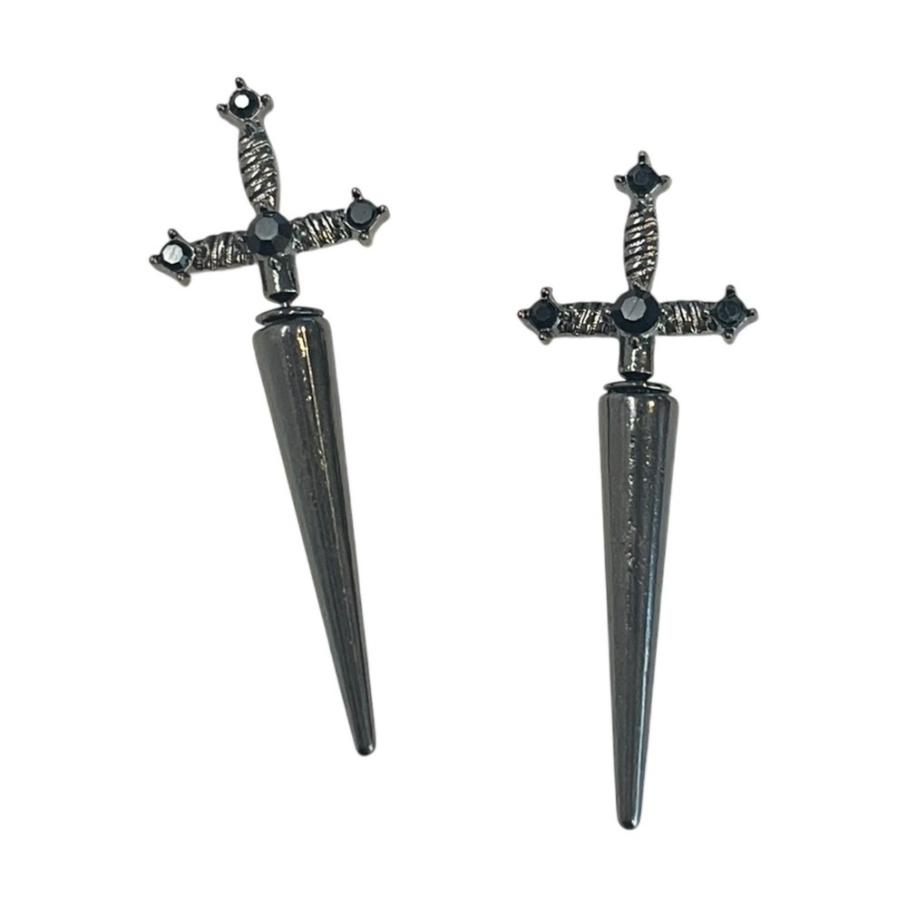 Dagger Sword Earrings Gunmetal Black Crystal Fantasy Jewelry Gifts 2 Inch
